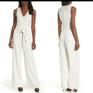 Vince Camuto Sleeveless V Neck Belted Wide Leg Jumpsuit Ivory  Size 16